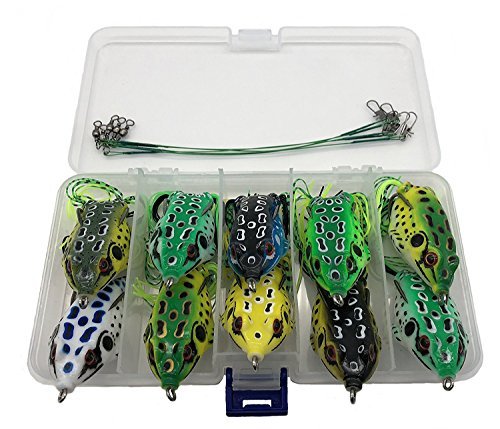 5PCS Topwater Frog Lures Kit,Frog Lures Bait Set Lots for Bass Trout Salmon with 5PCS Fishing Leaders,Free Tackle Box