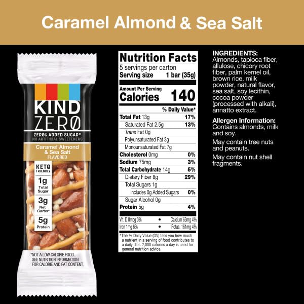 KIND ZERO ADDED SUGAR HEALTHY SNACKS BARS, CARAMEL ALMOND & SEA SALT, GLUTEN FREE, HIGH FIBER, KETO SNACKS, 5G PROTEIN, 5 COUNT
