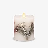 Luminara Embedded Flameless LED Candle - Pine Berries 3.5" x 4.5" - Moving Flame Pillar, Battery Operated Timer, Real Wax, Un