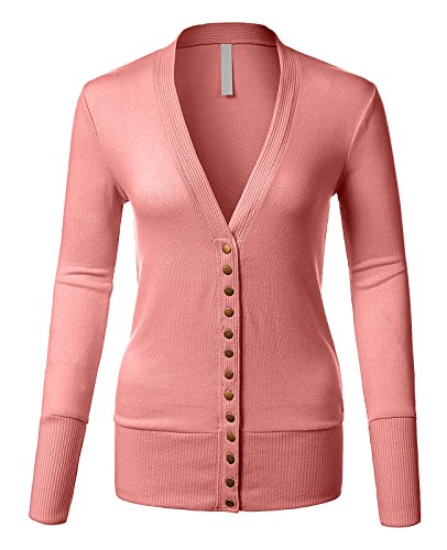 Mixed Knit V-Neck Brass Snap Button Sweater Cardigans dusty Rose X-Large - Thumbnail 7