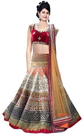 Stutti Fashion Women's Latest And Off Traditional With Net Lahenga Choli Free Size Red And White