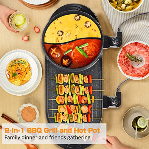 Hot Pot Electric Cooker Shikiy Electric Hot Pot With Grill-2 In 1 Indoor Shabu Shabu Pot, Separate Dual Electric Pot For Cooking