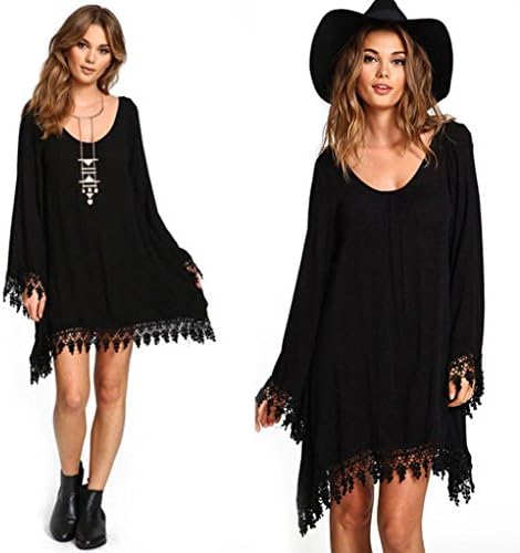 OVERMAL Women's Long Sleeve A-line Lace Stitching Trim Mini Dress