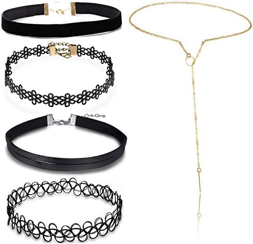 Uniki 5 Pcs Choker Necklaces Set for Women Girls Tattoo Black Velvet Long Chain Metal Choker Collar Lace Vintage Adjustable