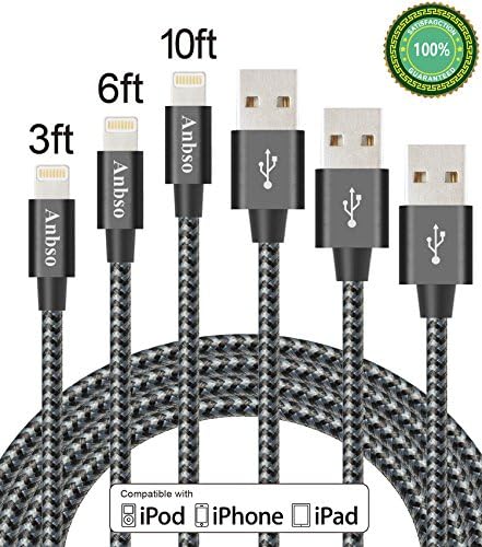 Anbso 3Pack 3FT 6FT 10FT Nylon Braided 8 Pin Lightning Cable Cord USB Charging iPhone 7/7 Plus/6/6s/6 Plus/6s Plus/5/5c/5s/SE,iPad iPod Nano iPod Touch (black gray)
