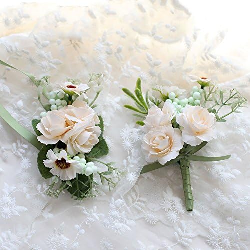 Florashop Little Satin Roses Berry Corsage and Boutonniere Pack Wedding Bridal Bridesmaid Wrist Corsage Band Men's Groom Bridegroom Boutonniere for Wedding Prom Party Homecoming (Ivory)