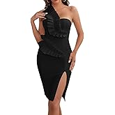 houstil Women's One Shoulder Wedding Guest Dress Side Split Bandage Bodycon Midi Cocktail Club Dresses