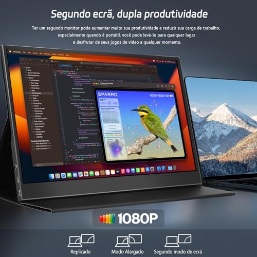 Monitor Portátil IPS 15.6" Full HD 1080p, Ultrafino, USB-C/HDMI, Capa Inteligente e Alto-falantes - Extensor de Tela para Laptop e Viagem