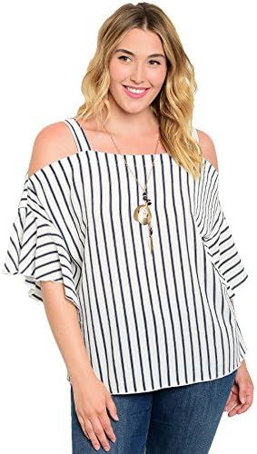 VINA VINO Women's Plus Size Striped Off Shoulder Top with Necklace Included