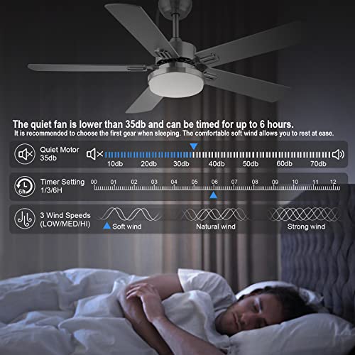 SNJ 52 inch Brushed Nickel Ceiling Fan with Lights and Remote Control