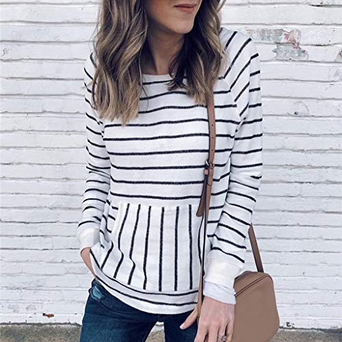 Sanyyanlsy Women's Casual Autumn Stripe Printing Long Sleeve O-Neck Wild Sweatshirt Pullover Tops T-Shirt with Pocket White