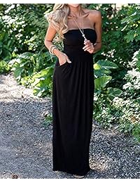 DLDY vestido maxi sin tirantes para mujer, elástico de cintura alta sin hombros, vestido de playa de verano para mujer con bolsillos