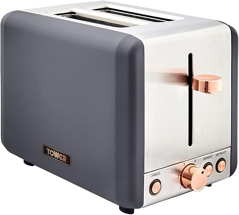Tower Cavaletto 2-Slice Toaster Defrost Reheat 850W Stainless Grey Rose Gold