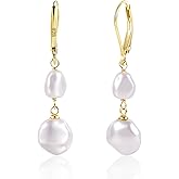 LANCHARMED 14K Gold Pearl Dangle Earrings for Women，925 Sterling Silver Double Pearl Drop Earrings，Leverback Irregular Pearl Hypoallergenic Earrings