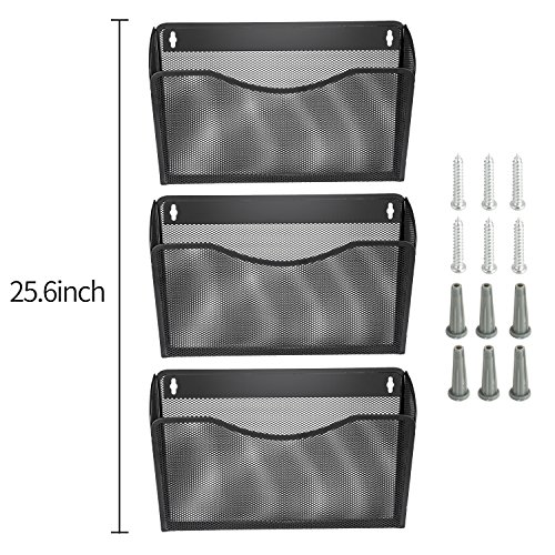 Samstar 3 Pocket Mesh Wall File Holder Organizer, Hanging Wall Mounted Mail Organizer Letter Sorter (Black)