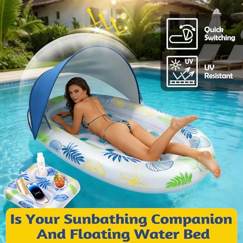 JONRRYIN Materassino Gonfiabile Piscina 180×110cm, Lettino Abbronzante per Adulti con Tettuccio Parasole Rimovibile ed Effetti Luminosi per Piscina, Spiaggia e Lago