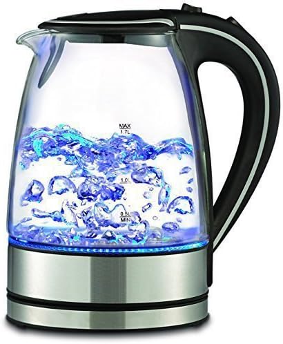 Electric Tea Kettle - Premium 1.7L Capacity - Clear Tempered Gass With Blue Illuminated LED Light - Cool Touch Handle With Auto Turn Off Featured (Black)