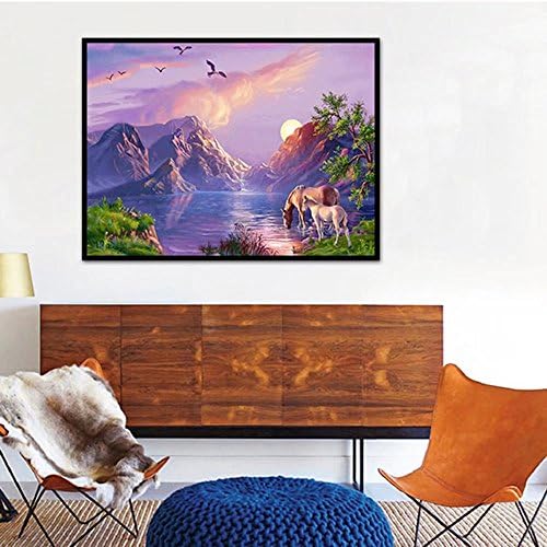 Morning Sunrise Mountain Drinking Horse River Diamond Painting by number 5D DIY Animal Embroidery Painting Full Round Diamond Beaded Full Kit Rhinestone Cross Stitch Wall Art Home Craft