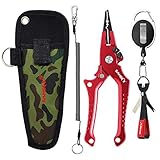 SAMSFX Locking Aluminum Fishing Pliers Saltwater Braid Line Cutting Split Ring Opener with Coiled Lanyard,Sheath, Quick Knot Tool and Zinger Retractors