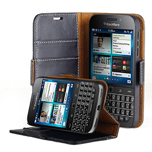 BlackBerry Classic Case, ACEABOVE [Stand Feature] Blackberry Classic Wallet Case **NEW** [Book Cover Case] [Black] - Premium Genuine Leather Wallet cover - Verizon, AT&T, Sprint, T-Mobile, International, and Unlocked - Leather Case with STAND Flip Cover and Credit Card ID Holders for Blackberry Classic 2014 Model - (Black)