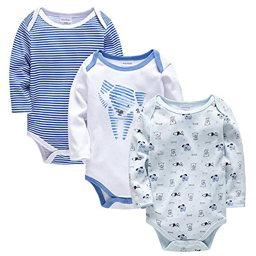 JanLEESi Baby Boys Bodysuits Long Sleeve 3-Pack Cotton Onesies,6-9M,Blue