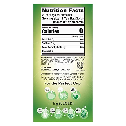 Lipton Green Tea, Decaffeinated Honey Lemon Chamomile, 20 Ct (Pack Of 6