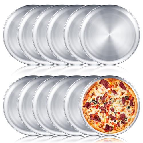 Honeydak 12 Pcs Stainless Steel Pizza Pan 13 Inch Round Silver Pizza Tray for Serving Pie Cookie Cake Plate Sheet, Oven Kitchen Baking Home Restaurant, Dishwasher Safe, Dishwasher Safe