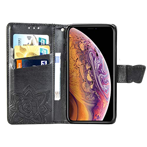 Case for iPhone Xs Max Cover,Embossing Mandala Butterfly Rose Vine Flip Folio Wallet Case PU Leather Stand Card Slots Protective Case Cover + Dust Plug Stylus for iPhone Xs Max Wallet Case,Black