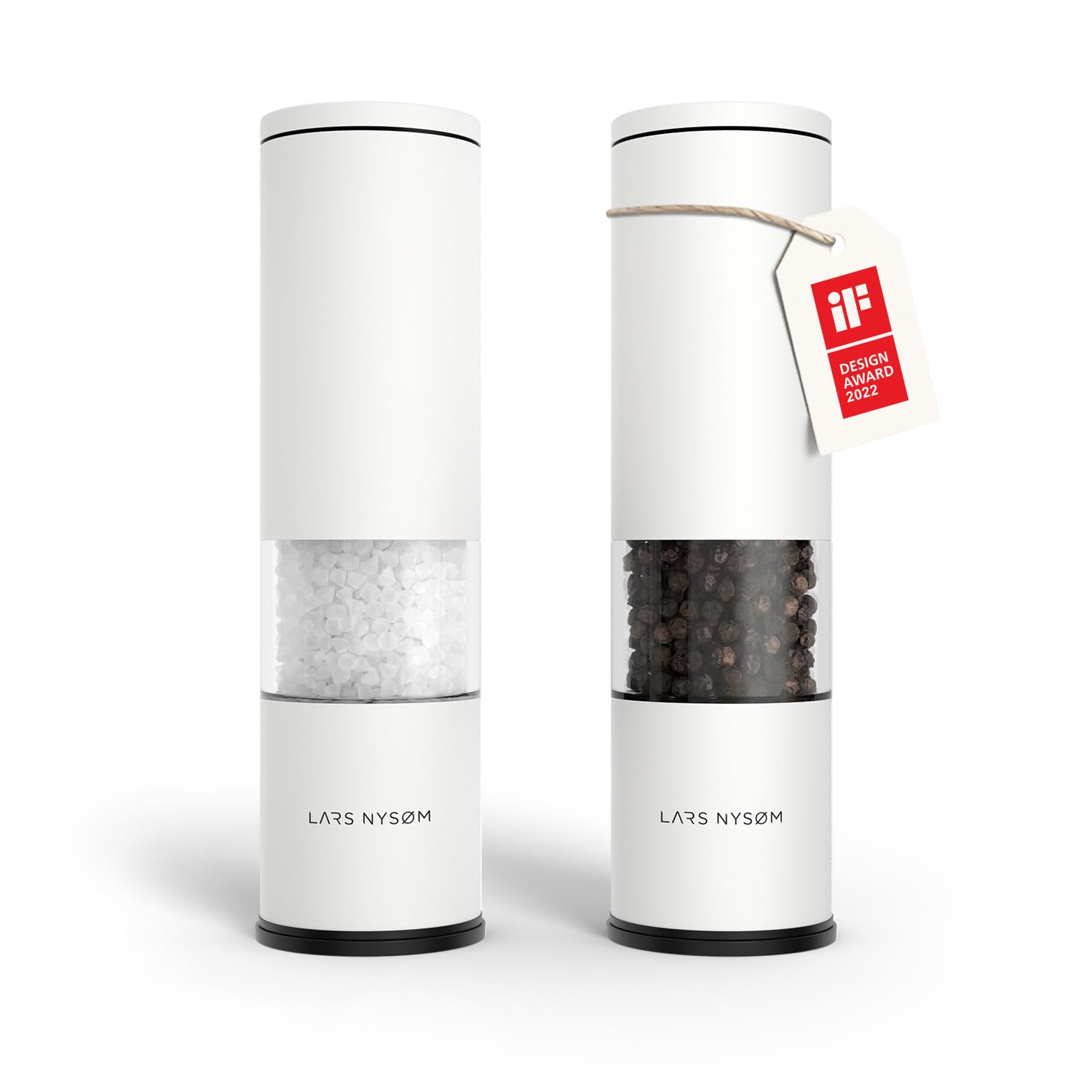 LARS NYSØM Salt and Pepper Grinder Set Manual, Stainless Steel Salt and Pepper Mills with Adjustable Ceramic Grinder I Design Spice Shakers (Pure White)