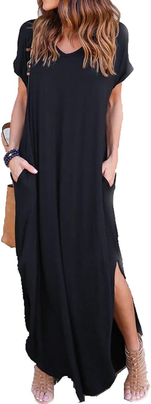 Maxi Dresses for Women Short Sleeve V Neck Loose Long Dress with Pocket Strappy Summer Dress for Women Beach Dress for Summer