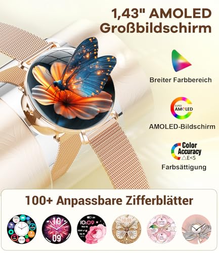 ESFOE Reloj Inteligente Mujer,1.43" AMOLED Smartwatch Mujer con Llamadas/24H Sueño/Pulsómetro/SpO2,Función Femenina 120 Modos Deportivos IP68 Pulsera Actividad Calorías Podómetro Android iOS Oro Rosa