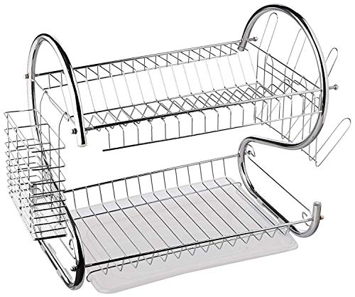 #SimSol - 2 Tier Dish Drying Rack S-Shaped Kitchen Stainless Steel Storage Sink Set Dishes Cups and Cutlery with Removable Plastic Drain Tray Utensil Board Organizer |Ship from US|