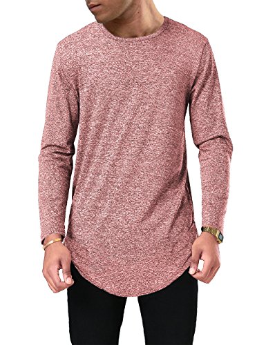 Moomphya Mens Slim Fit Hipster Hip Hop Swag Curve Hem Long Sleeve T Shirt (Small, Red1)