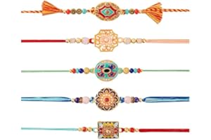 Eximious India Set of 5 Rakhi For Brother With Card Metal Pendant For Raksha Bandhan Designer Rakhi Thread for Bhaiya (Set of 5-2)