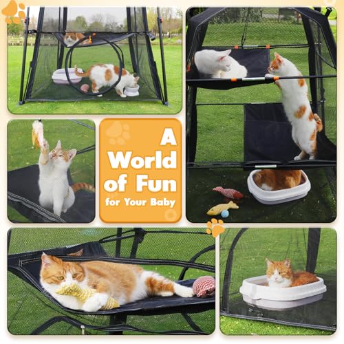 Rywell Extra Large Triple Catio Outdoor Cat Enclosure,57 * 43 * 43in Pop Up Catio Enclosure with Sunshade,Foldable Cat Tent for Puppy Rabbit Ferret(Within Carry Bag&Ground Stakes)