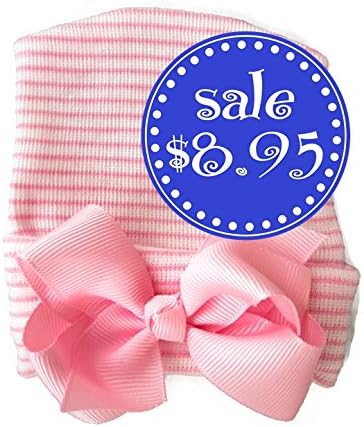 NEWBORN Hospital Hat with Hair Bow - pink, coral, gray, white, teal, lavender, CAP for baby girl - Best Baby Shower Gift