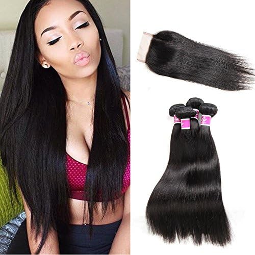 Colorful Queen Hair 12 14 16+10inch closure Brazilian Straight Hair 3 Bundles with Lace Closure Free Part 100% Unprocessed Virgin Human Hair Weave Extensions 7A Grade