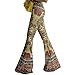 Women Boho Print Stretch Bell Bottom Flare Palazzo Pants Trousers Yellow M