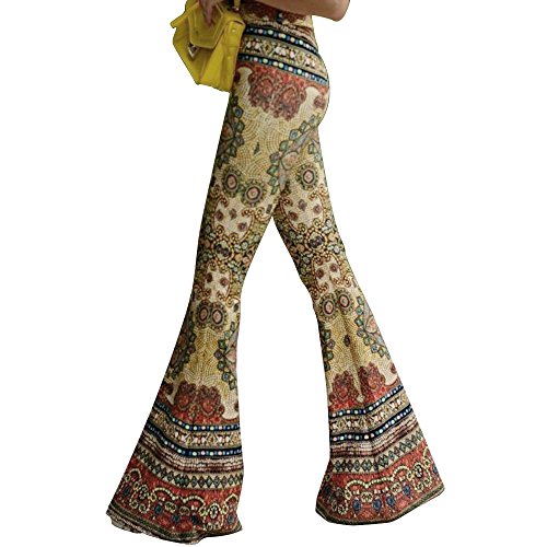 Women Boho Print Stretch Bell Bottom Flare Palazzo Pants Trousers Yellow M