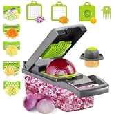 Vegetable Chopper and Slicer, 15-in-1 Manual Food Dicer with Container, Stainless Steel Blades, Gray and Green