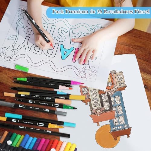 Marcadores de letras de 36 peças, marcadores de pincel com ponta de feltro, pincel & ponta fina, para raparigas a colorir tinta para adultos, tinta para mandalas e caligrafia (36 cores)
