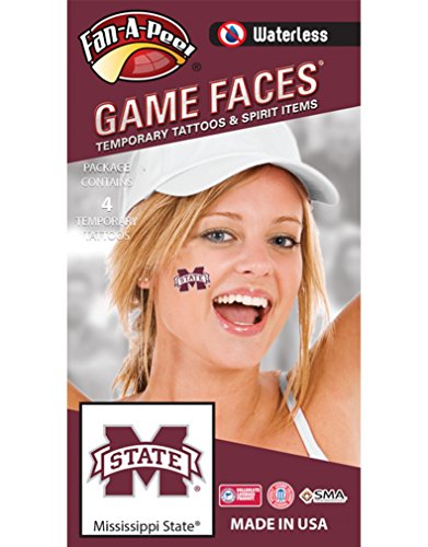 Fan A peel Mississippi State University (MSU) Bulldogs â€“ Waterless Peel & Stick Temporary Spirit Tattoos â€“ 4-Piece â€“ Maroon/White M-State Logo