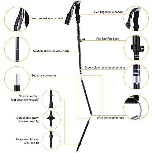 XYCING Trekking Poles Collapsible Hiking Poles, 2 Pack Adjustable Auminum Alloy Hike Walking Sticks Foldable Lightweight for Hiking Camping (Black) - Thumbnail 2