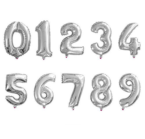 AnnoDeel 10 pcs 16inch Number Silver Balloons, 0~9 Silver Fo