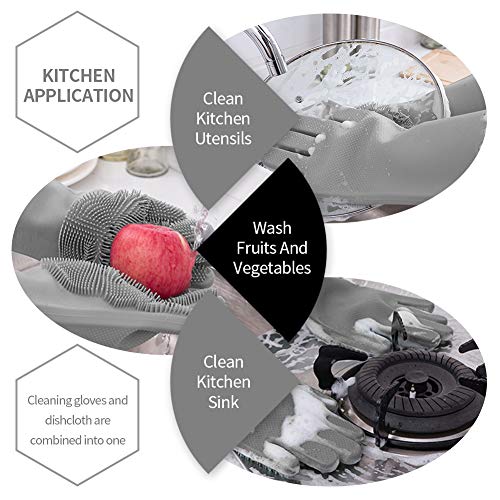Magic Silicone Cleaning Gloves Dishwashing Scrubber - 1 Pair Reusable Dish Wash Scrubbing Sponge Gloves with Bristles, Great for Washing Dish, Kitchen, Car, Bathroom. (Gray) - Thumbnail 3