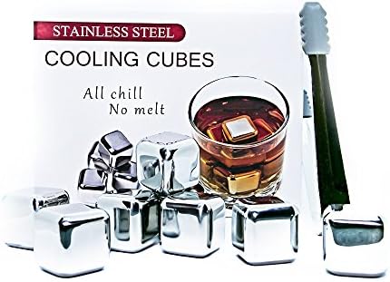 Whiskey Stones Reusable Ice Cubes - Set of 8 - Stainless Steel Ice Cube Set with Tongs, Storage Tray and Gift Box - Whiskey Stones for Women and Men - Chill Liquor, Wine, Juice - Metal Ice Cubes