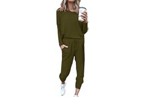 GENERIC 2Pc Women Color Suit Long Sleeve Leisure Pocket Home Sweatpants Sets Seasonal Attire (Army Green, L)