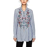 ELINKMALL Women Elegant OL Embroidery Turn-Down Casual Blue Striped Long Sleeve Blouse Tops