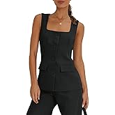 Tankaneo Women's Single Breasted Vests Square Neck Sleeveless Slim Fitted Work Office Waistcoats