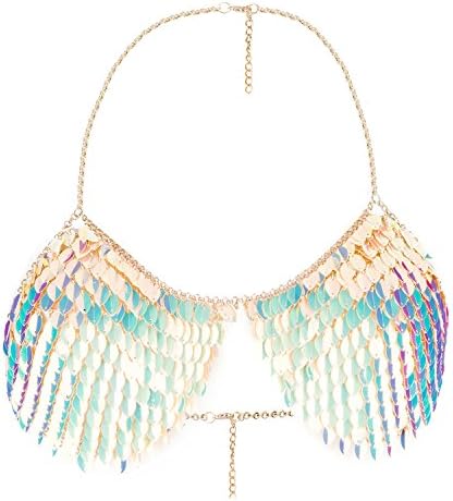 lan27 Body Chain Necklace Fashion Champagne Sequins Bikini jewelry Bling Necklaces Bra Body Jewelry Summer Beach Party Dress (champagne bra)